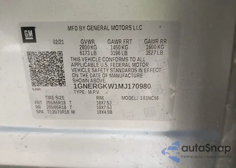 2021 Chevrolet Traverse Fwd Lt Cloth z USA, uszkodzony, nr VIN 1GNERGKW1MJ170980